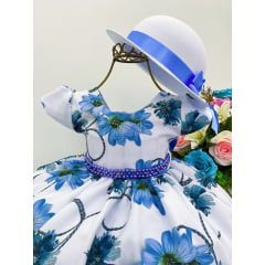 Vestido Infantil Azul Florido Cinto Pérolas C/ Chapéu