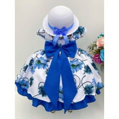 Vestido Infantil Azul Florido Cinto Pérolas C/ Chapéu