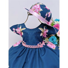 Vestido Infantil Azul Marinho Florido Pérolas C/ Chapéu