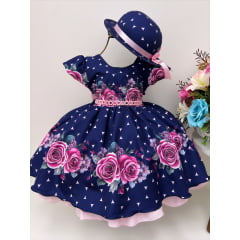 Vestido Infantil Azul Marinho Jardim Flores Pérolas Chapéu
