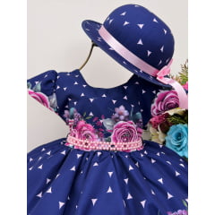 Vestido Infantil Azul Marinho Jardim Flores Pérolas Chapéu