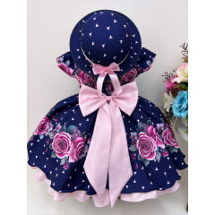 Vestido Infantil Azul Marinho Jardim Flores Pérolas Chapéu