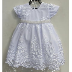 Vestido Infantil Branco C/ Renda Realeza Cinto de Pérolas