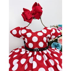 Vestido Infantil Minnie Vermelho Bolinas Brancas e Pérolas