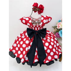 Vestido Infantil Minnie Vermelho Bolinas Brancas e Pérolas