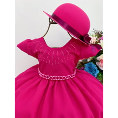 Vestido Infantil Pink Cinto Pérolas C/ Chapéu