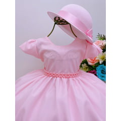 Vestido Infantil Rosa Cinto Pérolas C/ Chapéu