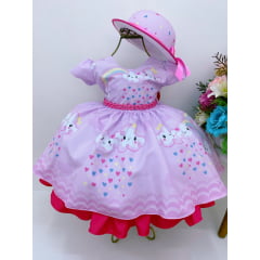 Vestido Infantil Rosa e Pink Chuva de Amor Corações C/ Chapéu