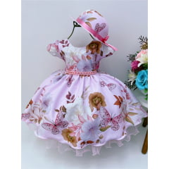 Vestido Infantil Rosa Florido Borboletas Pérolas C/ Chapéu