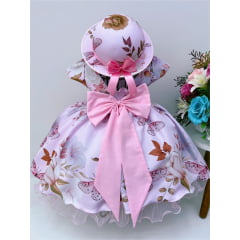 Vestido Infantil Rosa Florido Borboletas Pérolas C/ Chapéu
