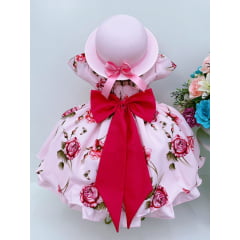 Vestido Infantil Rosa Florido Cinto Pérolas C/ Chapéu