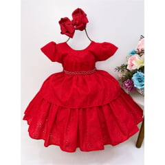 Vestido Infantil Vermelho Lese Cinto Em Pérolas Festa Luxo