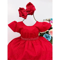 Vestido Infantil Vermelho Lese Cinto Em Pérolas Festa Luxo
