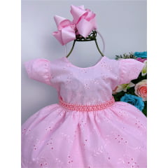 Vestido Infantil Rosa Lese Cinto Em Pérolas Festa Luxo