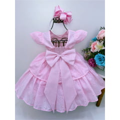 Vestido Infantil Rosa Lese Cinto Em Pérolas Festa Luxo