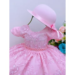 Vestido Infantil Rosa Rendado Cinto Pérolas C/ Chapéu