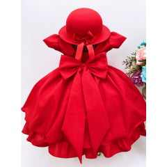 Vestido Infantil Vermelho Cinto Pérolas C/ Chapéu