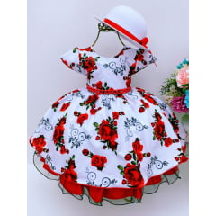 Vestido Infantil Vermelho Florido Cinto Pérolas C/ Chapéu