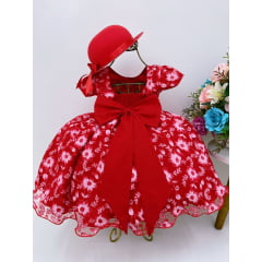 Vestido Infantil Vermelho Rendado Cinto Pérolas C/ Chapéu