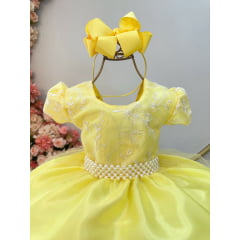 Vestido Infantil Amarelo C/ Renda e Pérolas Daminha