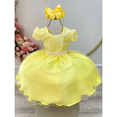 Vestido Infantil Amarelo C/ Renda e Pérolas Daminha