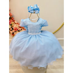 Vestido Infantil Azul Claro Busto Nervura Pérolas e Glitter