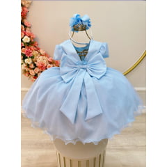 Vestido Infantil Azul Claro Busto Nervura Pérolas e Glitter