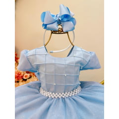 Vestido Infantil Azul Claro Busto Nervura Pérolas e Glitter