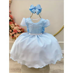 Vestido Infantil Azul Claro C/ Busto Nervura Pérolas Daminha