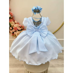 Vestido Infantil Azul Claro C/ Busto Nervura Pérolas Daminha