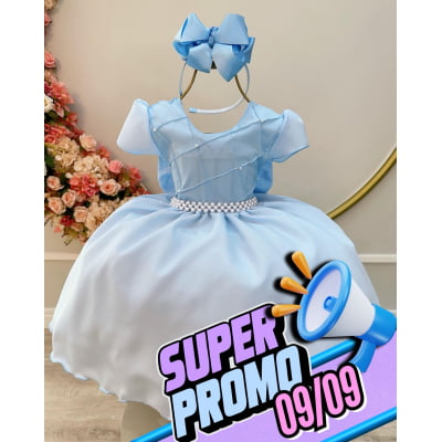 Vestido Infantil Azul Claro C/ Busto Nervura Pérolas Daminha