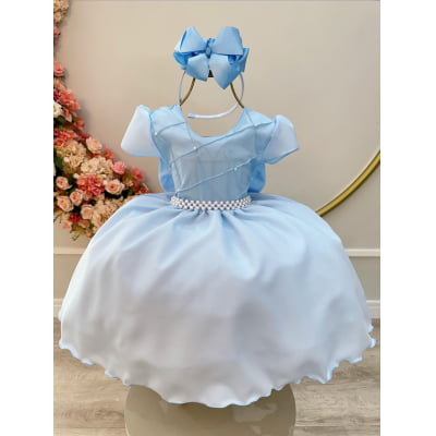 Vestido Infantil Azul Claro C/ Busto Nervura, em Poliéster