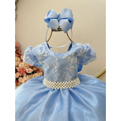 Vestido Infantil Azul Claro C/ Renda e Pérolas Daminha