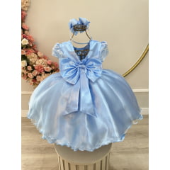 Vestido Infantil Azul Claro C/ Renda e Pérolas Daminha