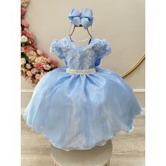 Vestido Infantil Azul Claro C/ Renda e Pérolas Daminha