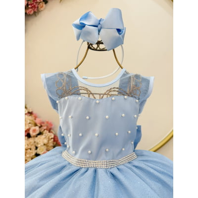 Vestido Infantil Azul Claro Pérolas Saia C/ Glitter Daminhas