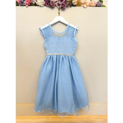Vestido Infantil Azul Claro Pérolas Saia C/ Glitter Daminhas