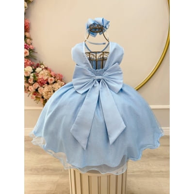 Vestido Infantil Azul Claro Pérolas Saia C/ Glitter Daminhas
