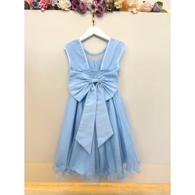 Vestido Infantil Azul Claro Pérolas Saia C/ Glitter Daminhas