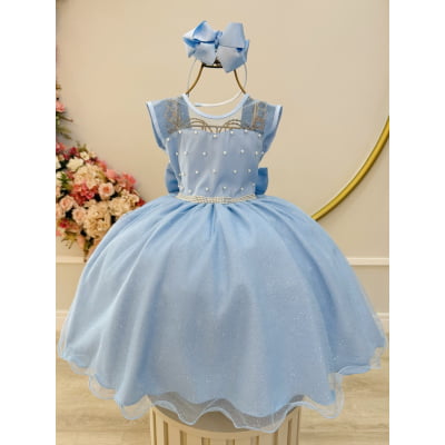 Vestido Infantil Azul Claro Pérolas Saia C/ Glitter Daminhas