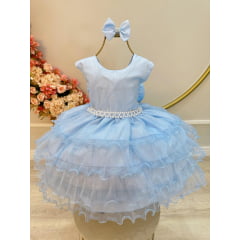 Vestido Infantil Azul Claro Saia C/ Babados e Glitter Daminha