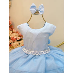 Vestido Infantil Azul Claro Saia C/ Babados e Glitter Daminha