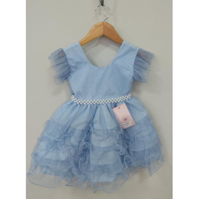 Vestido Infantil Azul Claro Saia C/ Babados e Glitter Daminhas