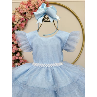Vestido Infantil Azul Claro Saia C/ Babados e Glitter Daminhas