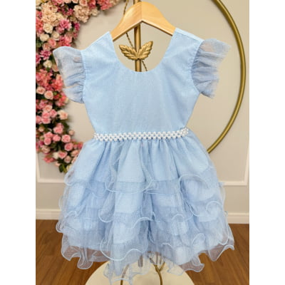 Vestido Infantil Azul Claro Saia C/ Babados e Glitter Daminhas