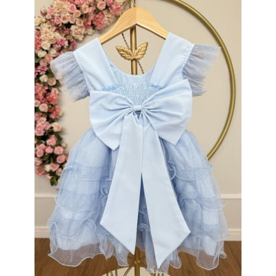 Vestido Infantil Azul Claro Saia C/ Babados e Glitter Daminhas