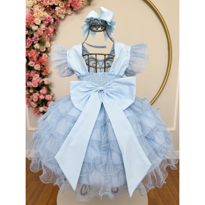 Vestido Infantil Azul Claro Saia C/ Babados e Glitter Daminhas