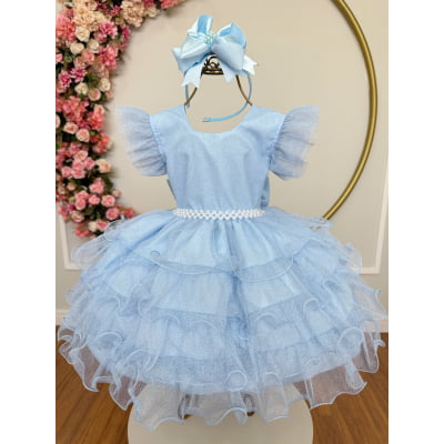 Vestido Infantil Azul Claro Saia C/ Babados e Glitter Daminhas