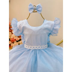 Vestido Infantil Azul Claro Saia C/ Tule e Glitter Daminha