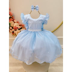 Vestido Infantil Azul Claro Saia C/ Tule e Glitter Daminha